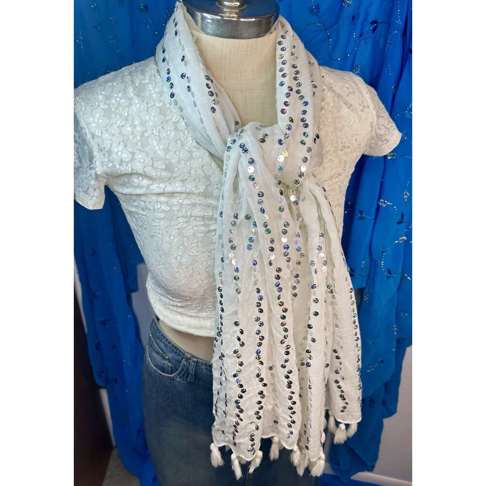 Y2K White Sequin Scarf Belt Pop Princess Glam